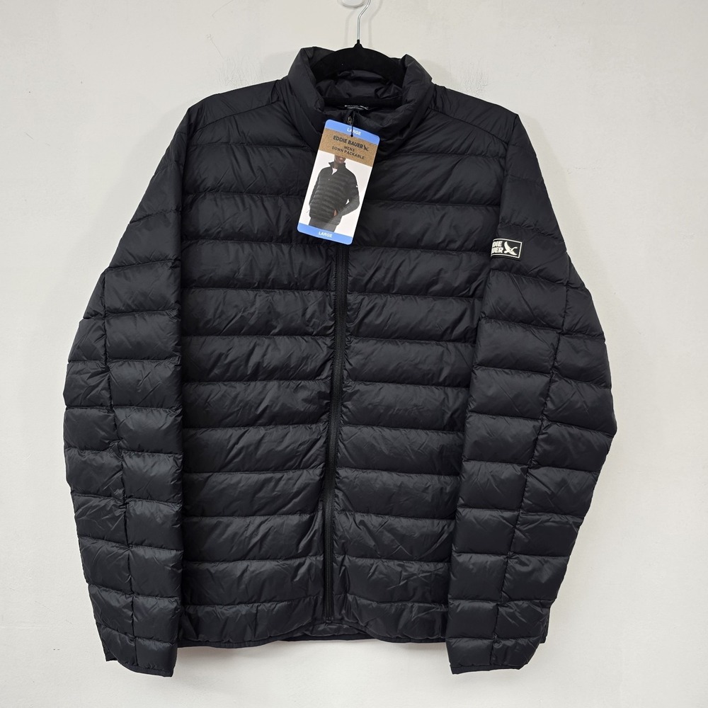Eddie Bauer Mens 650 Down Packable Lightweight Full Zip Jacket Size L Black NWT